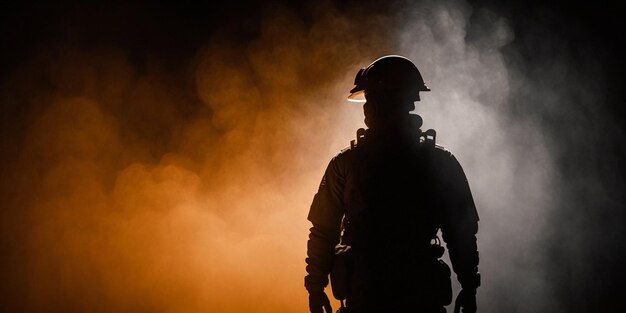 Zdjęcie sylwetka strażaka stojącego na ciemnym tle i dymie