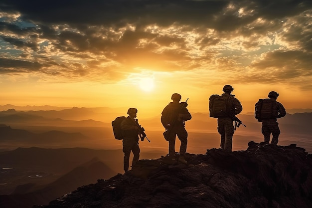 sylwetka strażników armii Stanów Zjednoczonych na górze o zachodzie słońca ze światłem słonecznym