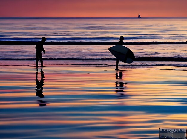 Sylwetka surferów surfujących podczas wbiegania w fale na plaży o zachodzie słońca