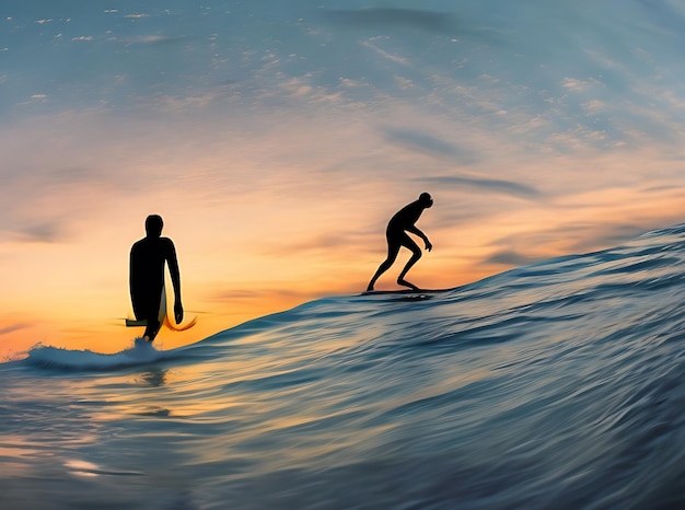 Sylwetka surferów surfujących podczas wbiegania w fale na plaży o zachodzie słońca