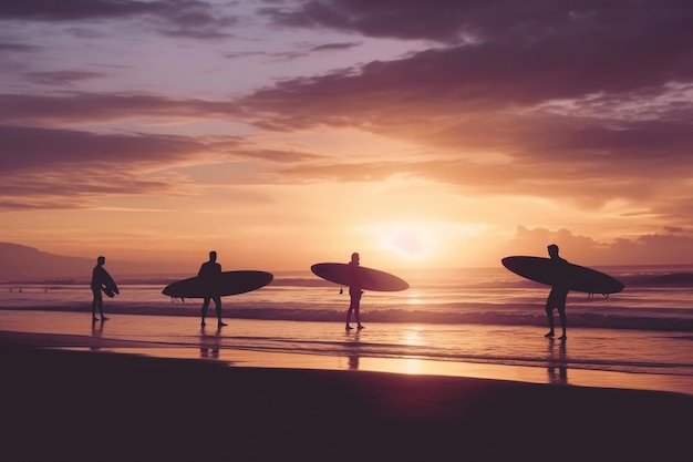 Sylwetka surferów z deskami na plaży na tle różowego zachodu słońca