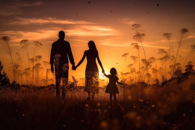Sylwetka szczęśliwej rodziny o zachodzie słońca na łące Sylwetki szczęśliwej rodziny trzymającej się za ręce na łące podczas zachodu słońca AI Wygenerowano