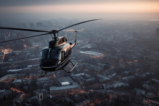 Sylwetka trzech helikopterów wojskowych robiących patrole podczas lotu nad centrum miasta, zastrzelona w czasie zachodu słońca