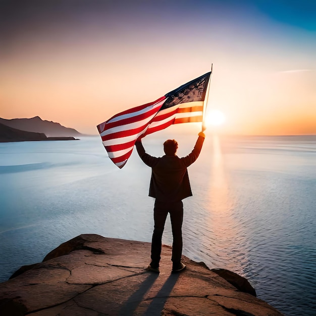 Sylwetka trzyma flagę narodową USA na Dzień Niepodległości