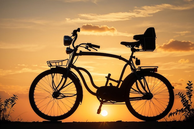 Sylwetka zabytkowego roweru o zachodzie słońca