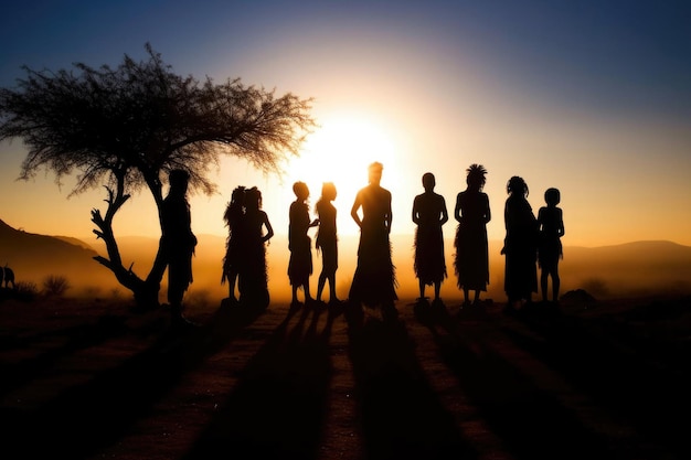 Sylwetki afrykańskich aborygenów o zachodzie słońca Generative AI