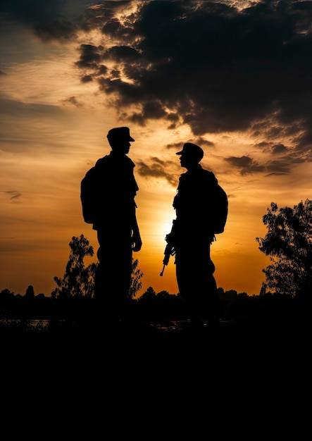 Sylwetki dwóch żołnierzy stojących mocno na tle nieba o zachodzie słońca