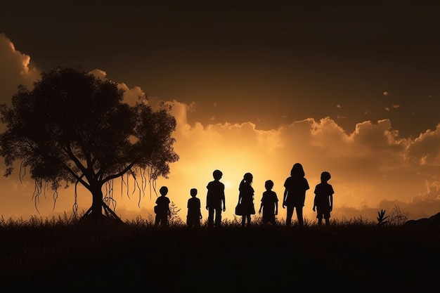 Sylwetki dzieci stojących przed drzewem z zachodzącym za nimi słońcem.