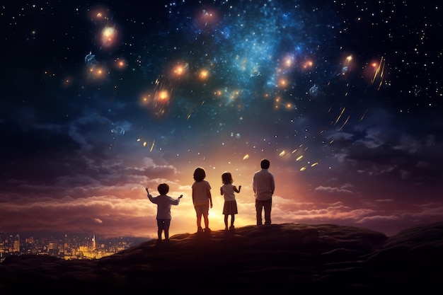 sylwetki dzieci z tyłu, które patrzą na świąteczne piękne nocne niebo pełne gwiazd