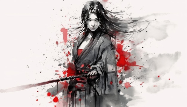 Sylwetki kobiet samurajów wykonane tuszem Generative Ai