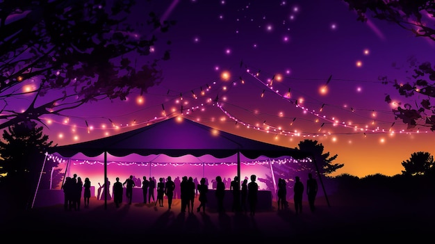 Sylwetki ludzi cieszących się magicznym wieczorem na świeżym powietrzu pod namiotem oświetlonym sznurkami świetlnymi