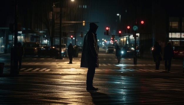 Sylwetki pędzą nocą przez mokre ulice miasta generowane przez sztuczną inteligencję