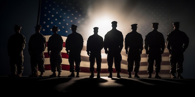 Sylwetki personelu wojskowego stoją przed amerykańską flagą.