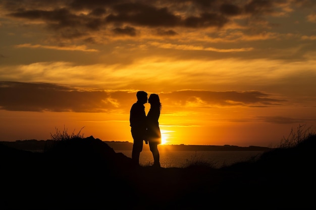 Sylwetkowa kochająca para o zachodzie słońca