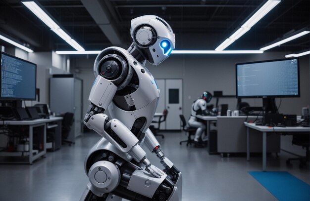 Zdjęcie symbiotyczny męski robot ludzki stojący futurystyczny cyborg oświetlony niebieską maszynerią generowaną przez sztuczną inteligencję
