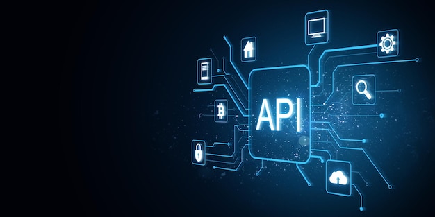 Symbol API z różnymi ikonami technologicznymi połączonymi liniami neonowymi na ciemnym tle Rendering 3D