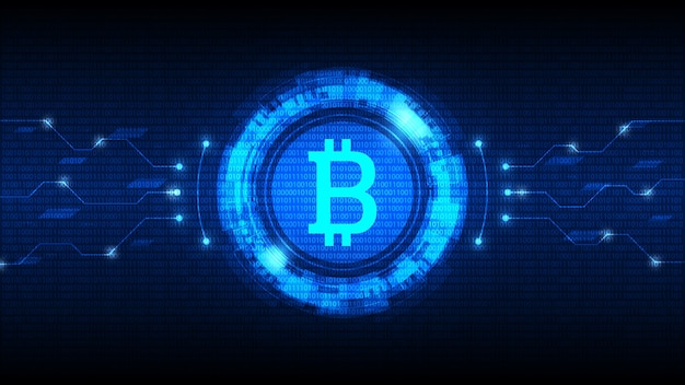 Symbol Bitcoin z futurystycznym interfejsem HUD, cyfrowa waluta