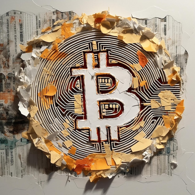 Symbol Bitcoin z kawałkami papieru z symbolem Bitcoin