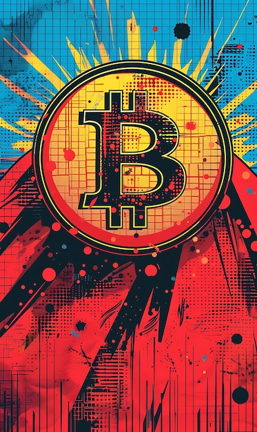 Symbol Bitcoina jako emblemat superbohatera na komiksie Tekstura Ilustracja kryptowaluta Tło