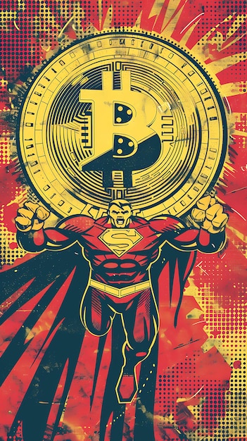 Zdjęcie symbol bitcoina przedstawiony jako superbohater z komiksów z ilustracją kryptowaluty ha