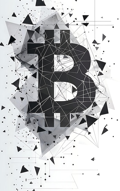 Zdjęcie symbol bitcoina zmieszany z abstrakcyjnymi kształtami geometrycznymi z ilustracją kryptowaluta tło
