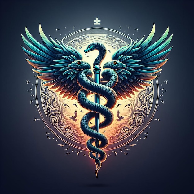 Symbol Caduceus wykonany z użyciem skrzydeł ptaków i trujących węży.