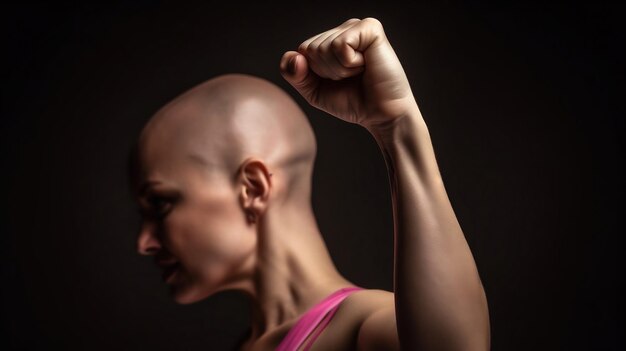 Symbol determinacji Łysia kobieta ubrana w różowe podnosząc pięść w walce z rakiem