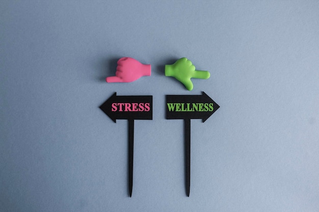 Zdjęcie symbol dobrego samopoczucia lub stresu słowo koncepcyjne dobrego samopożyczenia lub stresu na pięknym znaku z dwoma strzałkami