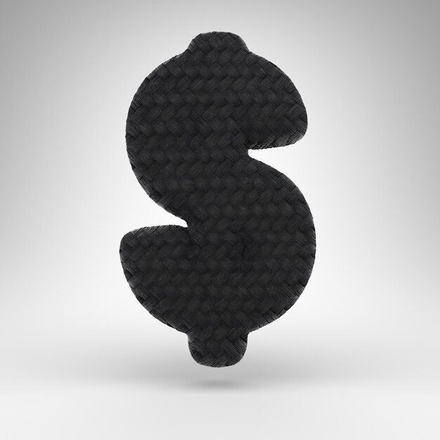 Symbol dolara na białym tle. Czarny znak z włókna węglowego 3D renderowane z teksturą nici węgla.