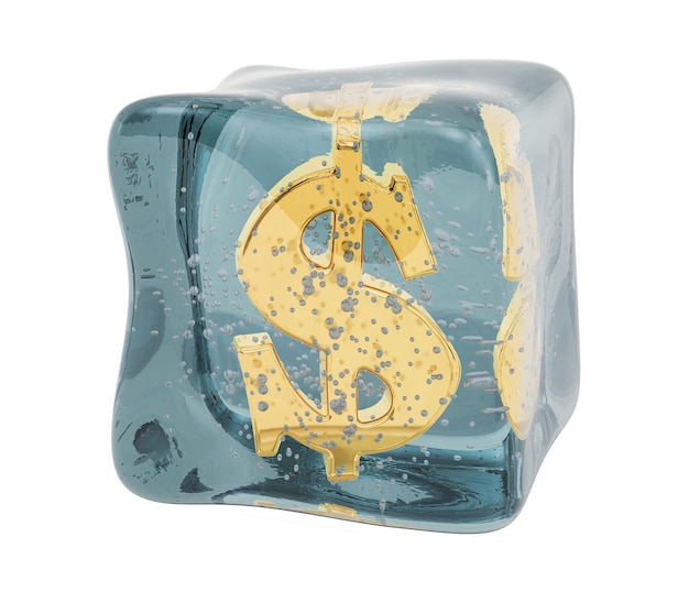 Zdjęcie symbol dolara zamrożony w kostce lodu renderowania 3d