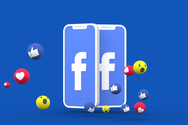 Symbol Facebooka na ekranie smartfona lub telefonu komórkowego i reakcje Facebooka renderowania 3d