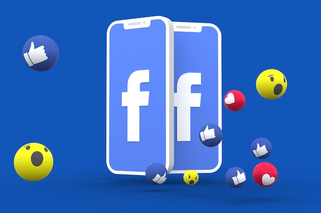 Symbol Facebooka na ekranie smartfona lub telefonu komórkowego i reakcji na Facebooku miłość, wow, jak emoji 3d render
