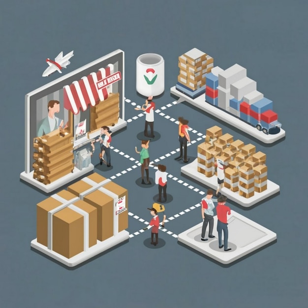 Symbol koncepcji symulacji łańcucha dostaw Sieć logistyczna abstrakcyjna idea ilustracja cienka linia