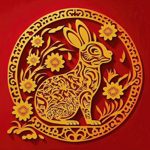 Symbol królika chińskiego Nowego Roku Księżycowego 2023 wycinanka z papieru Generative AI