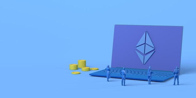 Symbol kryptowaluty ethereum na komputerze z monetami i obserwującymi ludzi