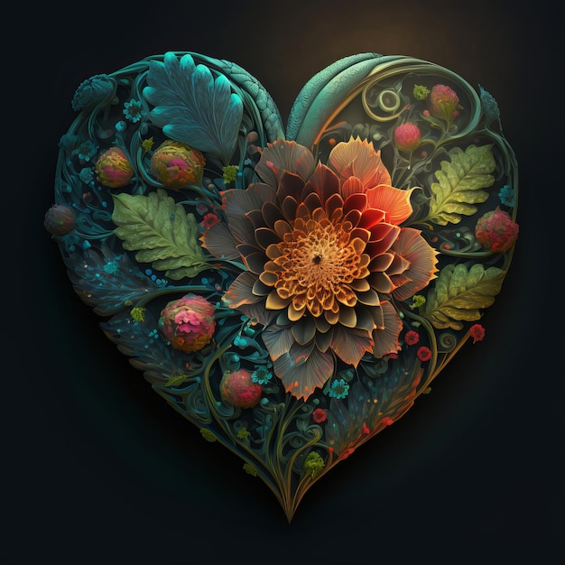 Symbol miłości w tle z kwiatami wyłożonymi wewnątrz Generative AI Walentynki