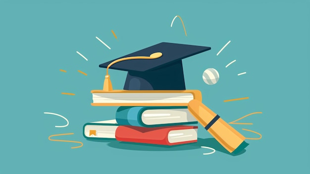 Symbol odpowiedzialności edukacyjnej Obraz przedstawiający książki, czapkę do ukończenia studiów i wskaźnik dla nauczycieli