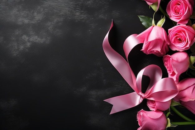 Symbol raka piersi Różowa wstążka na ciemnym kamiennym tle