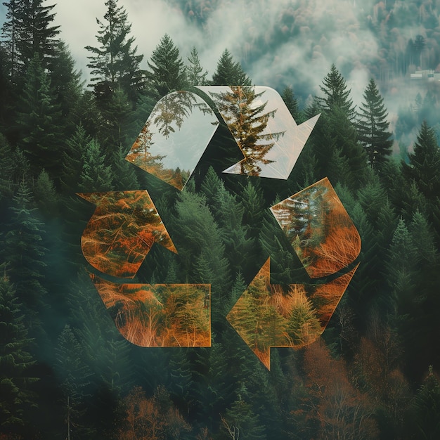 Zdjęcie symbol recyklingu pływa wśród drzew w naturalnym krajobrazie leśnym
