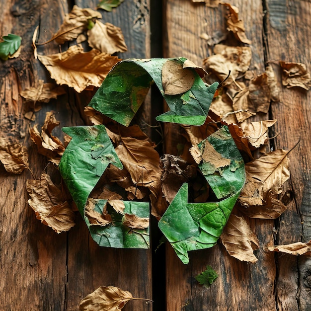 Symbol recyklingu wykonany z zielonych i brązowych materiałów na drewnianym tle