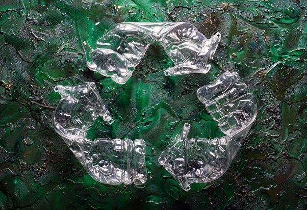 Symbol recyklingu wykonany z zmiażdżonych plastikowych butelek na zielonej powierzchni