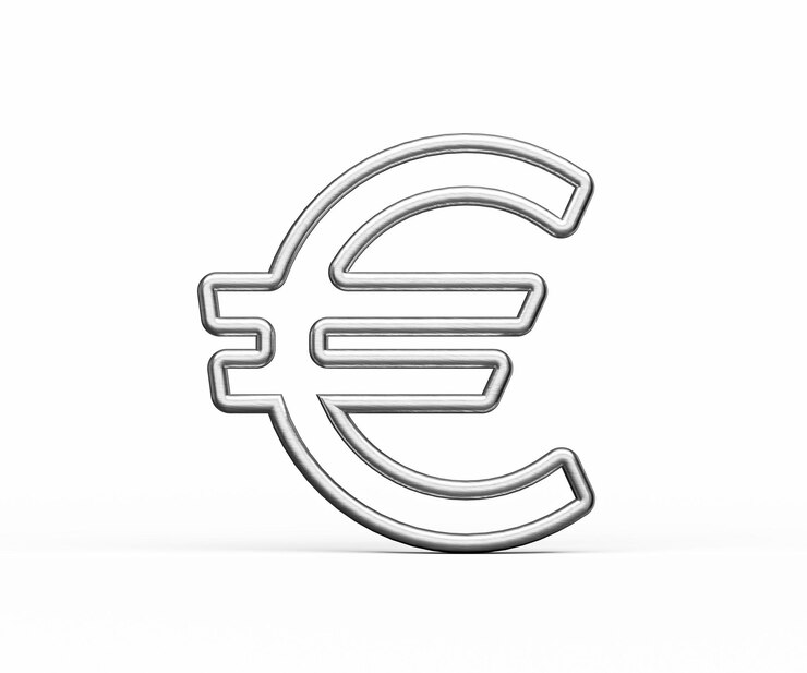 Zdjęcie symbol waluty europejskiej euro wykonany ze srebrnego metalu z błyszczącym błyskiem z gładkimi krzywymi ilustracją 3d