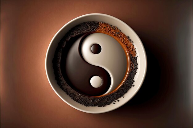 Symbol Yinyang w filiżance kawy na spodku na brązowym tle