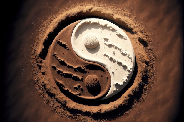 Symbol Yinyang wykonany z białej i brązowej ziemi na tle piasku