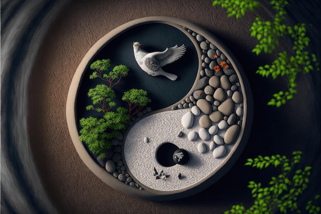 Symbol Yinyang wykonany z gałązek drewna piaskowego wizerunków gołębicy i kamyków