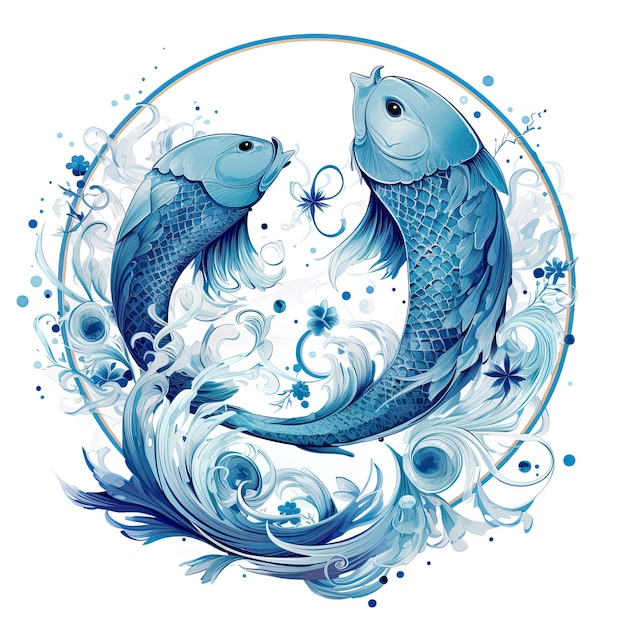 Symbol zodiaku Ryby w niebieskich odcieniach na białym tle Generative ai