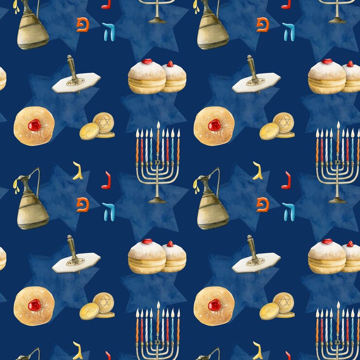 Zdjęcie symbole chanuka akwarela ręcznie rysowane bezszwowy wzór na ciemnoniebieskim tle z pączkami świątecznymi dreidel menora gwiazda dawida hebrajskimi literami