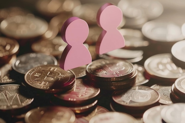 Zdjęcie symbole męskie i żeńskie na stosach monet koncepcja równości płac płci