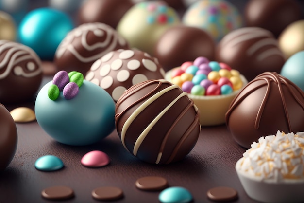 Symbole wielkanocne jajka i kawałki czekolady Czekolada to żywność wytwarzana ze sfermentowanych i prażonych ziaren kakaowca