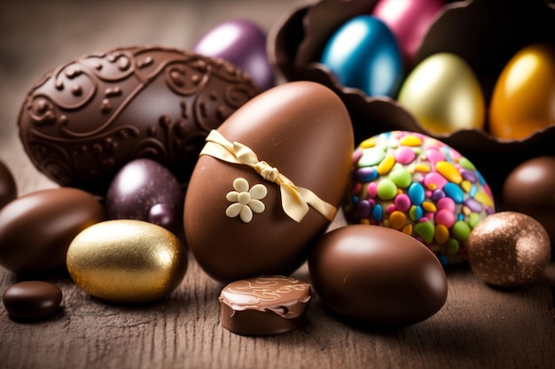 Symbole wielkanocne jajka i kawałki czekolady Czekolada to żywność wytwarzana ze sfermentowanych i prażonych ziaren kakaowych